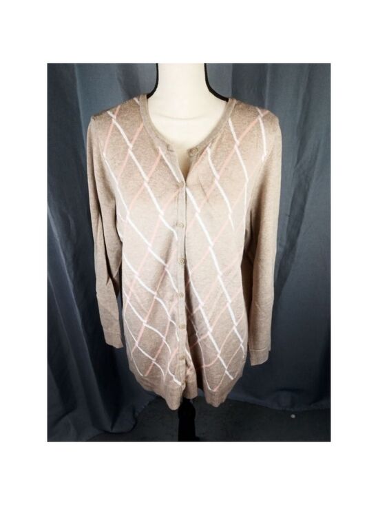 Croft & Barrow Sweaters - Women's Croft & Barrow Plus 1X Beige Pink Argyle Button Cardigan